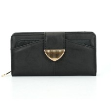 Fashion Metal Button Solid Long Wallet - Black