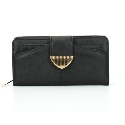 Fashion Metal Button Solid Long Wallet - Black