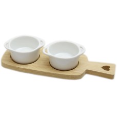 Twin Ceramic Dip Dishes On Bamboo Wood Heart Tray With Handle - Round