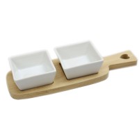 Twin Ceramic Dip Dishes On Bamboo Wood Heart Tray With Handle - Square