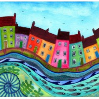 Bridget Wilkinson - Huddled - Colourful Coastal Art Card