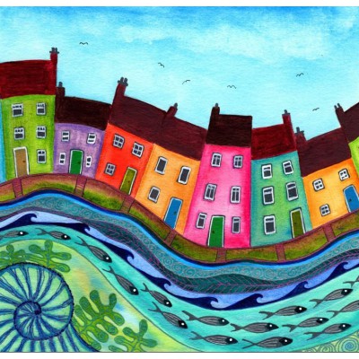 Bridget Wilkinson - Huddled - Colourful Coastal Art Card