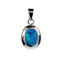 Silver & Created Blue Opal China-Set Oval Pendant Necklace