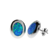 Silver & Created Opal China-Set Oval Studs 