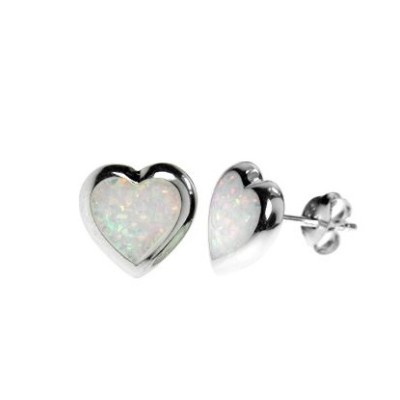 Silver & Created BLUE Opal Small Heart Studs