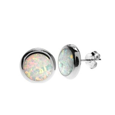 Silver & Created Opal Round Studs 