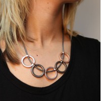 Dark Grey Leather Necklace with Mixed Finish Rings