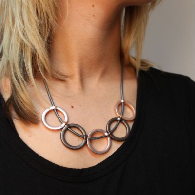Dark Grey Leather Necklace with Mixed Finish Rings