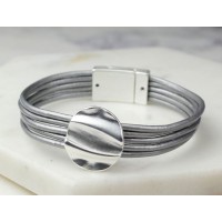 Grey Leather Single Silver Circle Bracelet