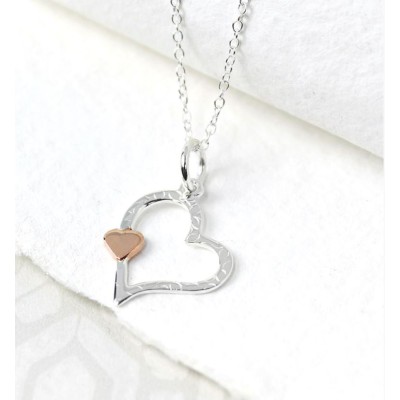 Silver Textured Heart And Rose Gold Heart Necklace
